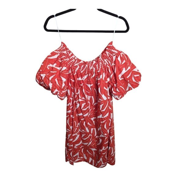 Whit Two Anthro Women"s Dress Small Red Banana Leaf Off Shoulder Smocked Poplin - Picture 3 of 10